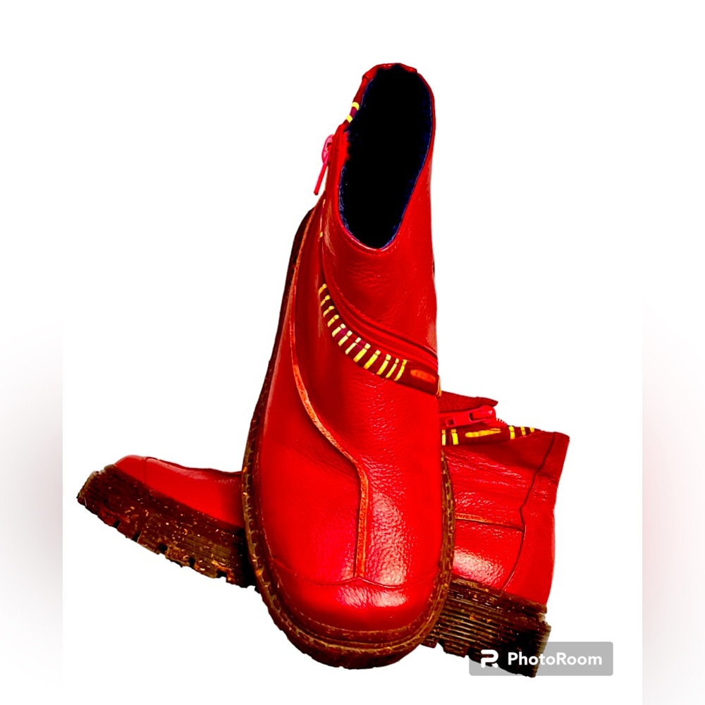 Imported Red Leather Zippered Boots